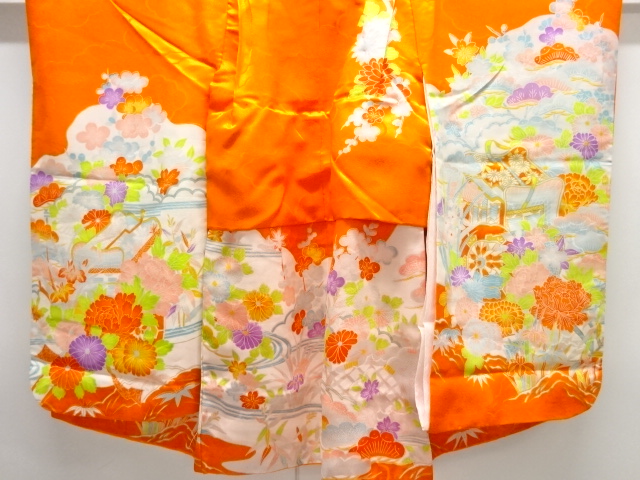 草花に御所車模様刺繍子供着物(重ね衿・長襦袢付き)